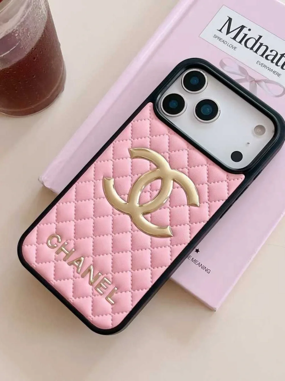 17 pro max Pink Quilted Phone Case with Gold logo